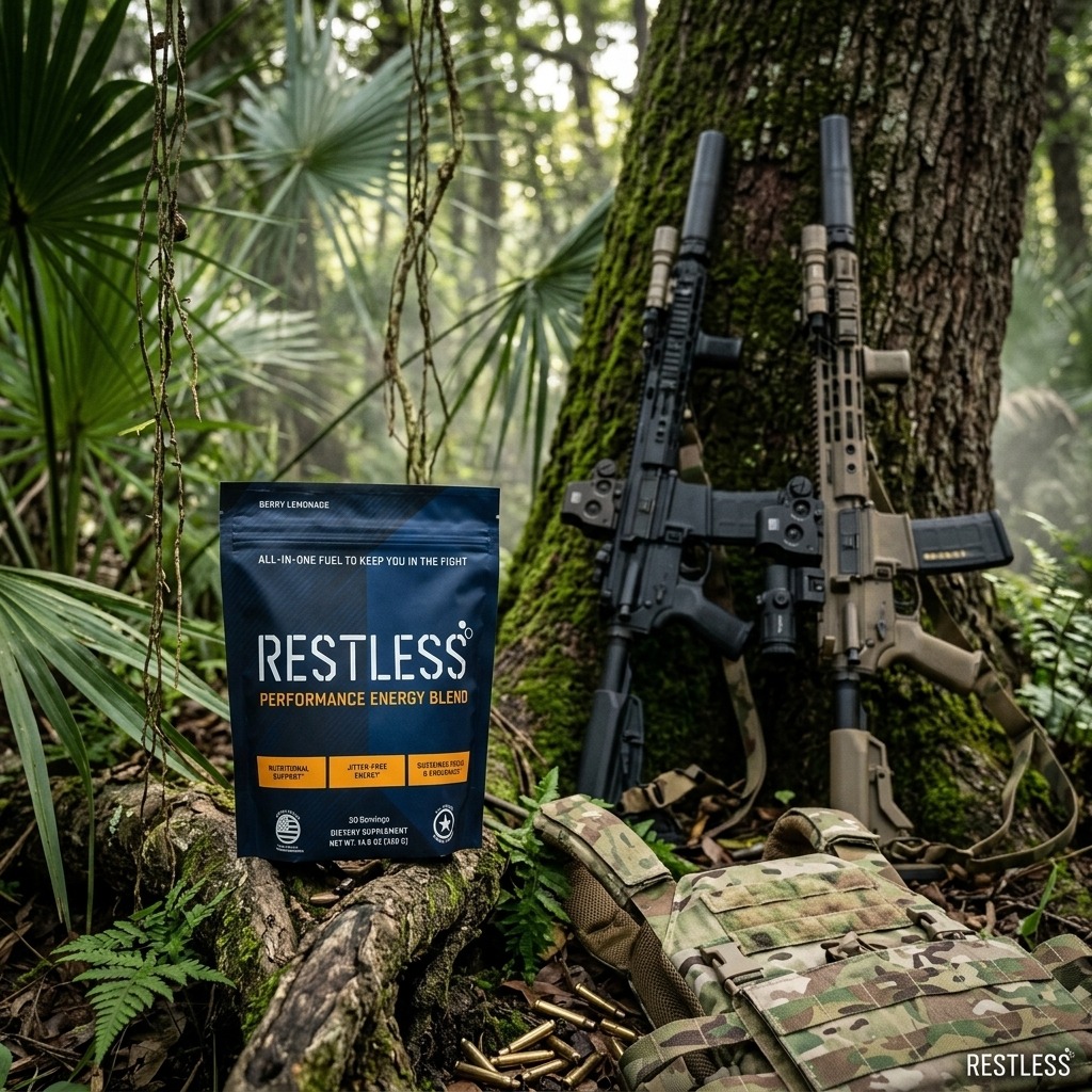 RESTLESS Performance Energy Blend in tactical jungle environment with gear